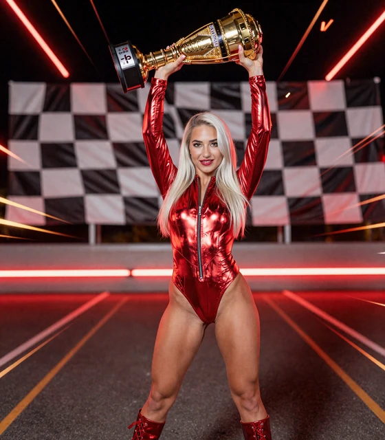 1Go Casino Glamour-Modell Sofia h&auml;lt goldenen Jackpot-Pokal in Siegerpose vor Speedway-Hintergrund
