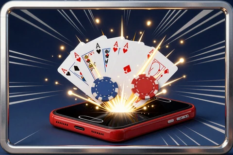 Mobile Casino Symbol mit rotem Smartphone und Casino-Chips