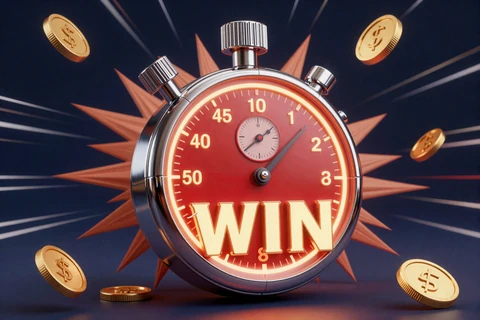 Blitz-Auszahlung Symbol mit roter Stoppuhr und Goldm&uuml;nzen im 1Go Casino